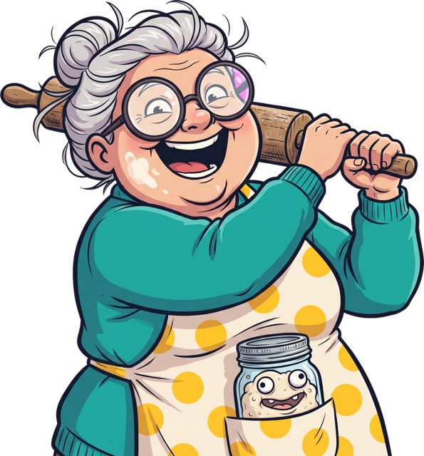 NANA, a bakery grandmother holding a rolling pin like a warhammer