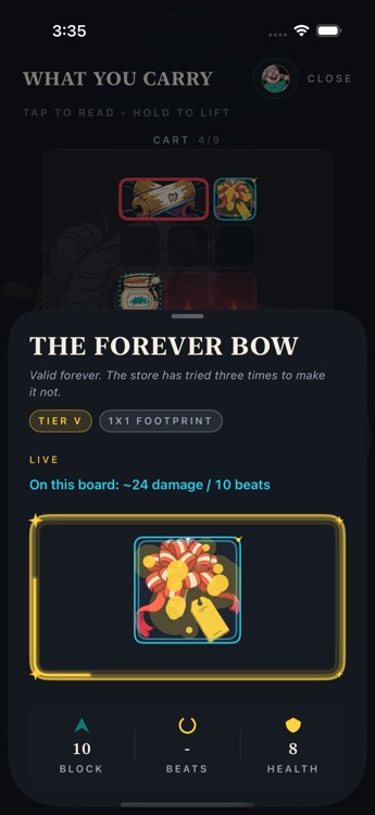 Item sheet for THE FOREVER BOW, a legendary with a living golden border