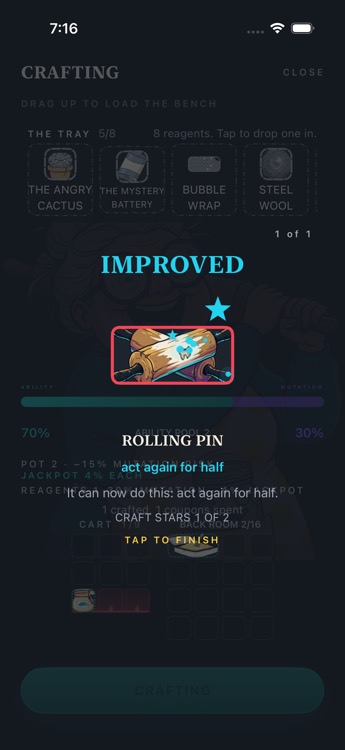 The craft desk reveals an IMPROVED ROLLING PIN
